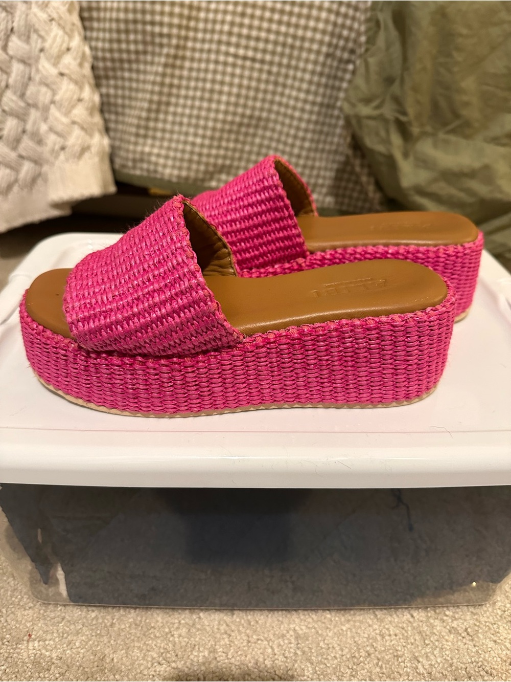 Bright Pink Woven Platform Slide Sandals - Women
